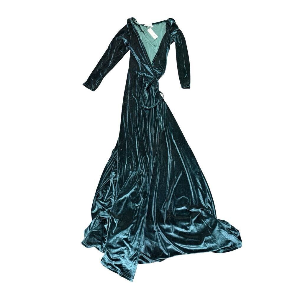 NWT Baltic Born Esmerelda Green Velvet Maxi Wrap Dress Long Sleeve Size M - Picture 6 of 9